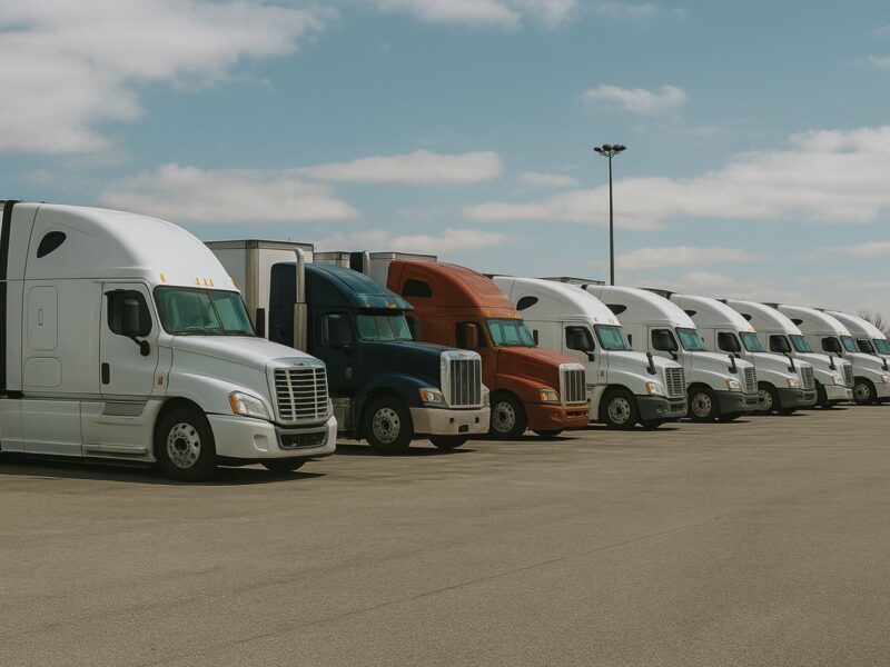 row of semi trucks white